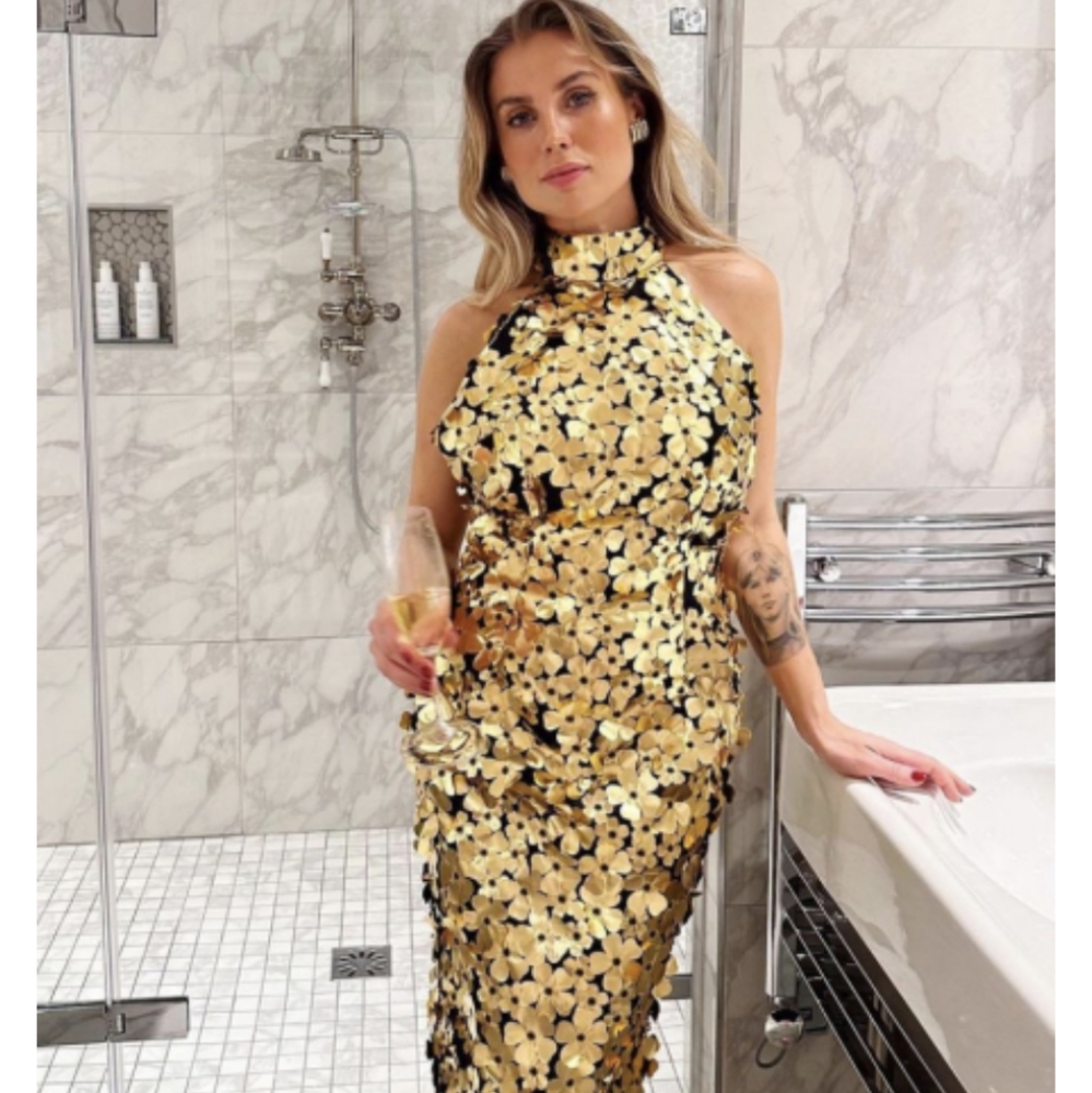 STINE GOYA Gold Sequin Halter Midi Dress